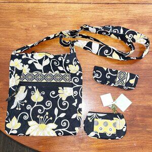 Vera Bradley 3 Piece Set Hipster Crossbody Purse glasses & ID case Yellow Bird